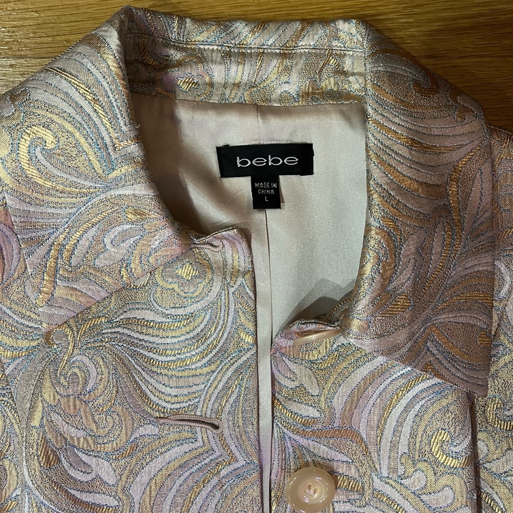BEBE Brocade Jacket Metallic Gold Blue Swirl